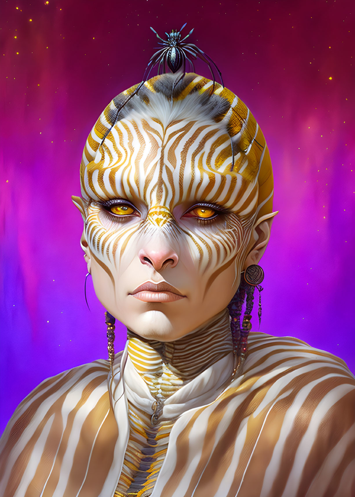 Person with Tiger-Like Face Paint and Yellow Eyes in Digital Portrait