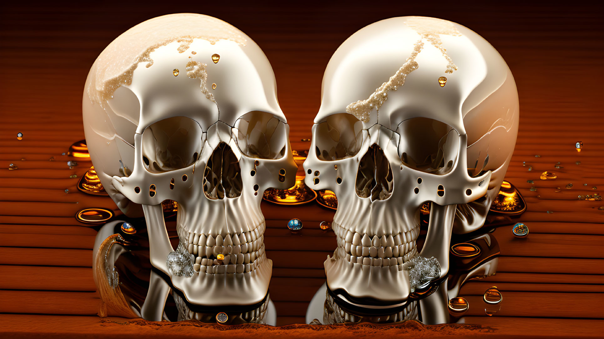 Golden Skulls Reflecting on Glossy Surface with Droplets and Warm Backdrop