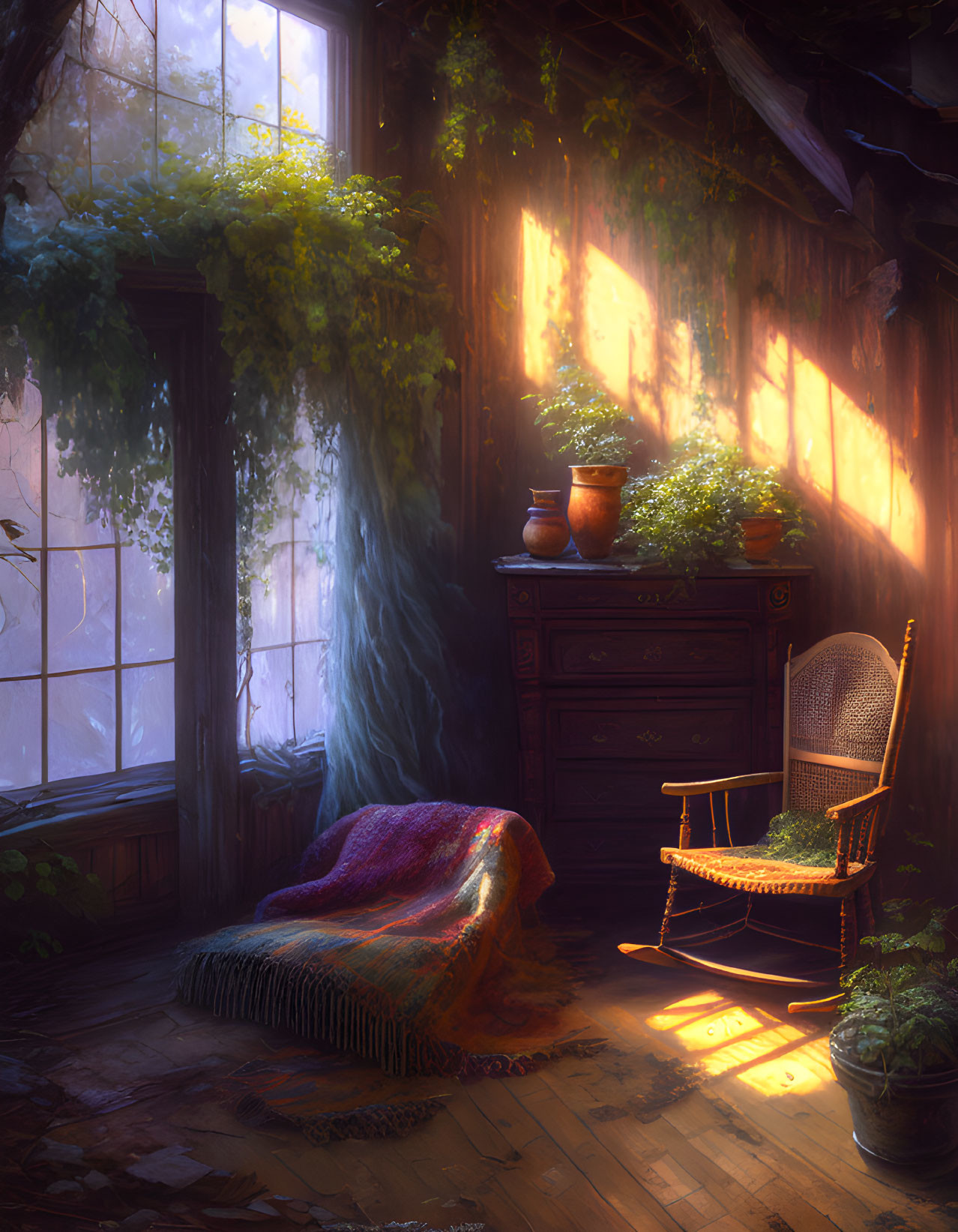 Cozy room with plants, wicker chair, and colorful blanket in sunlight