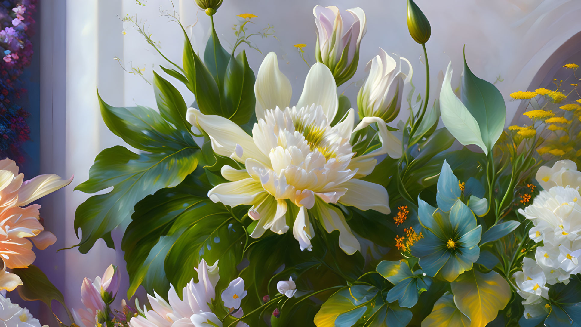 Colorful Flower Bouquet with White Bloom by Arched Window