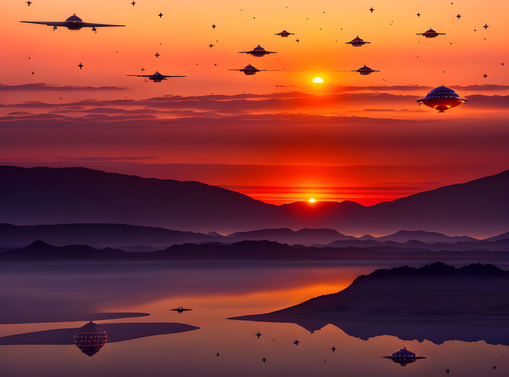 Scenic sunset over mountains with UFOs and airplanes in sky