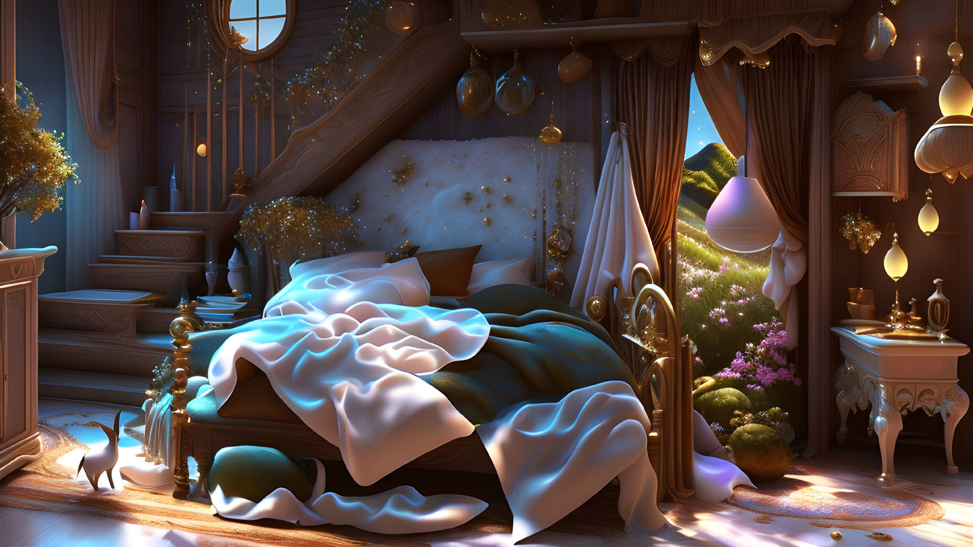 Fantastical bedroom with plush bed, whimsical decor, glowing lights, magical twilight view