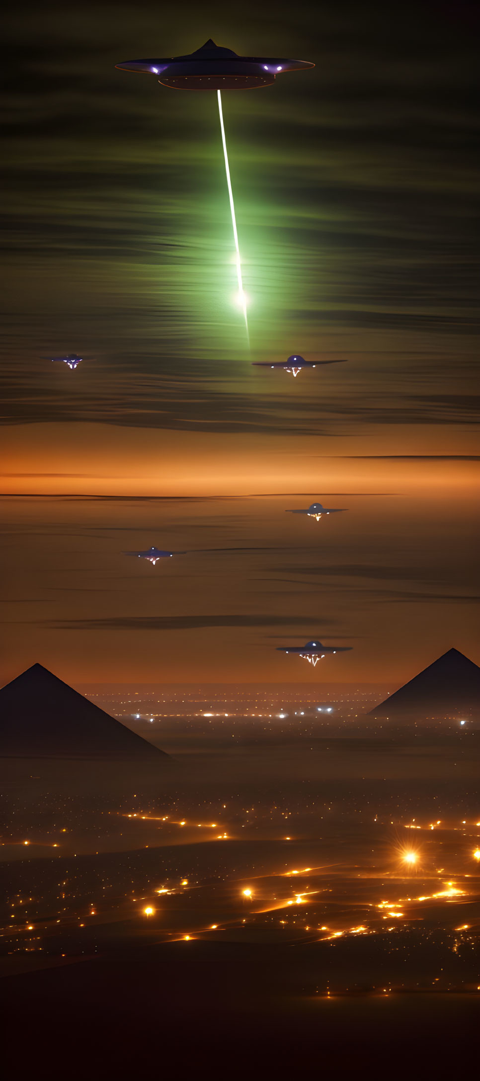 Composite image: Bright UFO-like object over city with pyramids