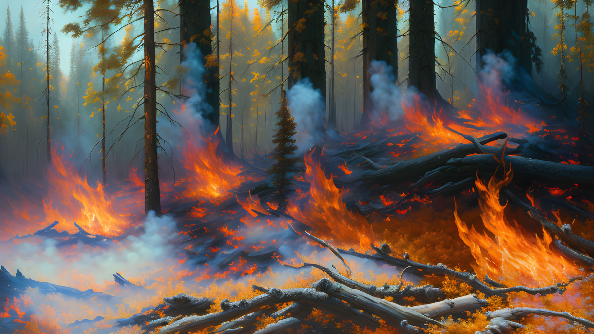 Intense forest fire with flames, smoke, and fire-tinged foliage