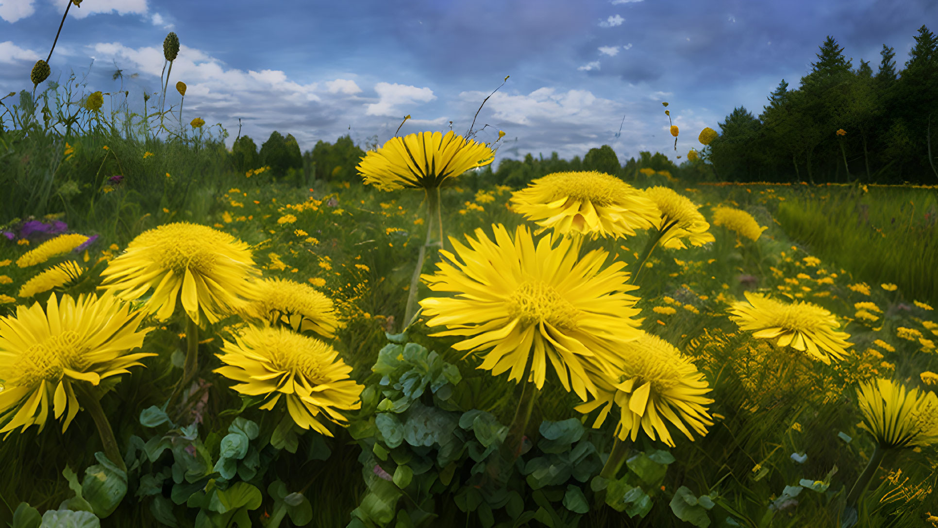 Scenic field of yellow dandelions with forest and cloudy sky