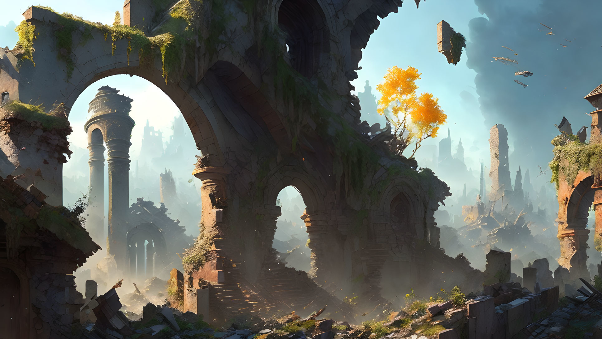 Majestic ancient ruins and floating stone arches in fantasy landscape