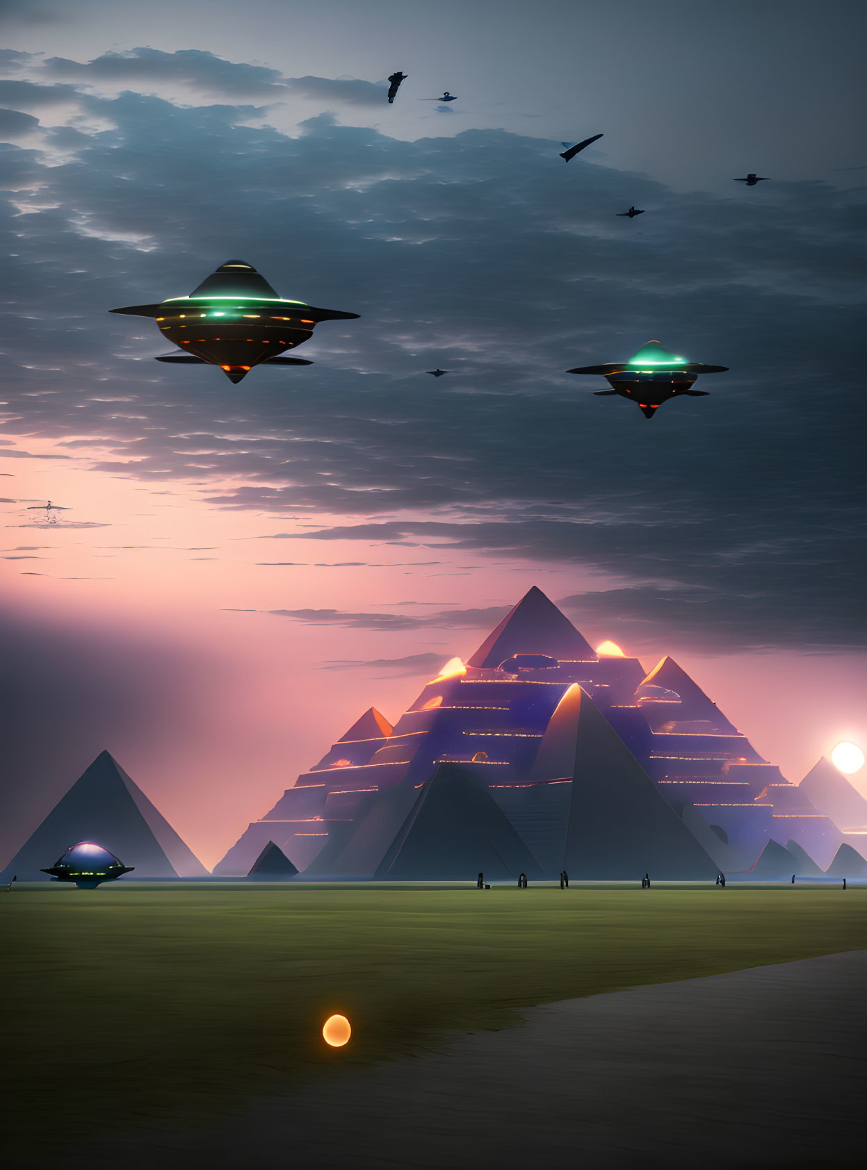 Futuristic pyramids, UFOs, birds, and glowing orb in dusk sky