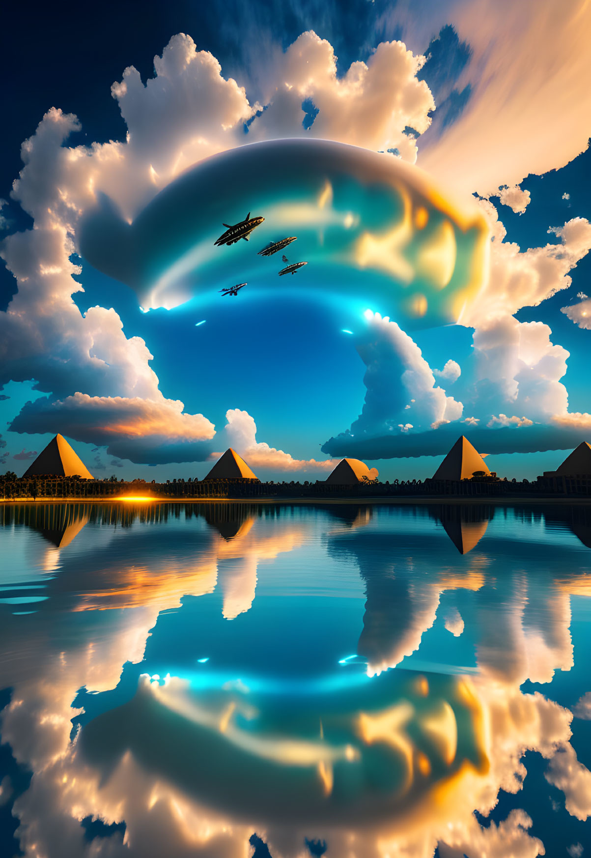 Ring-shaped cloud formation above pyramids in surreal image