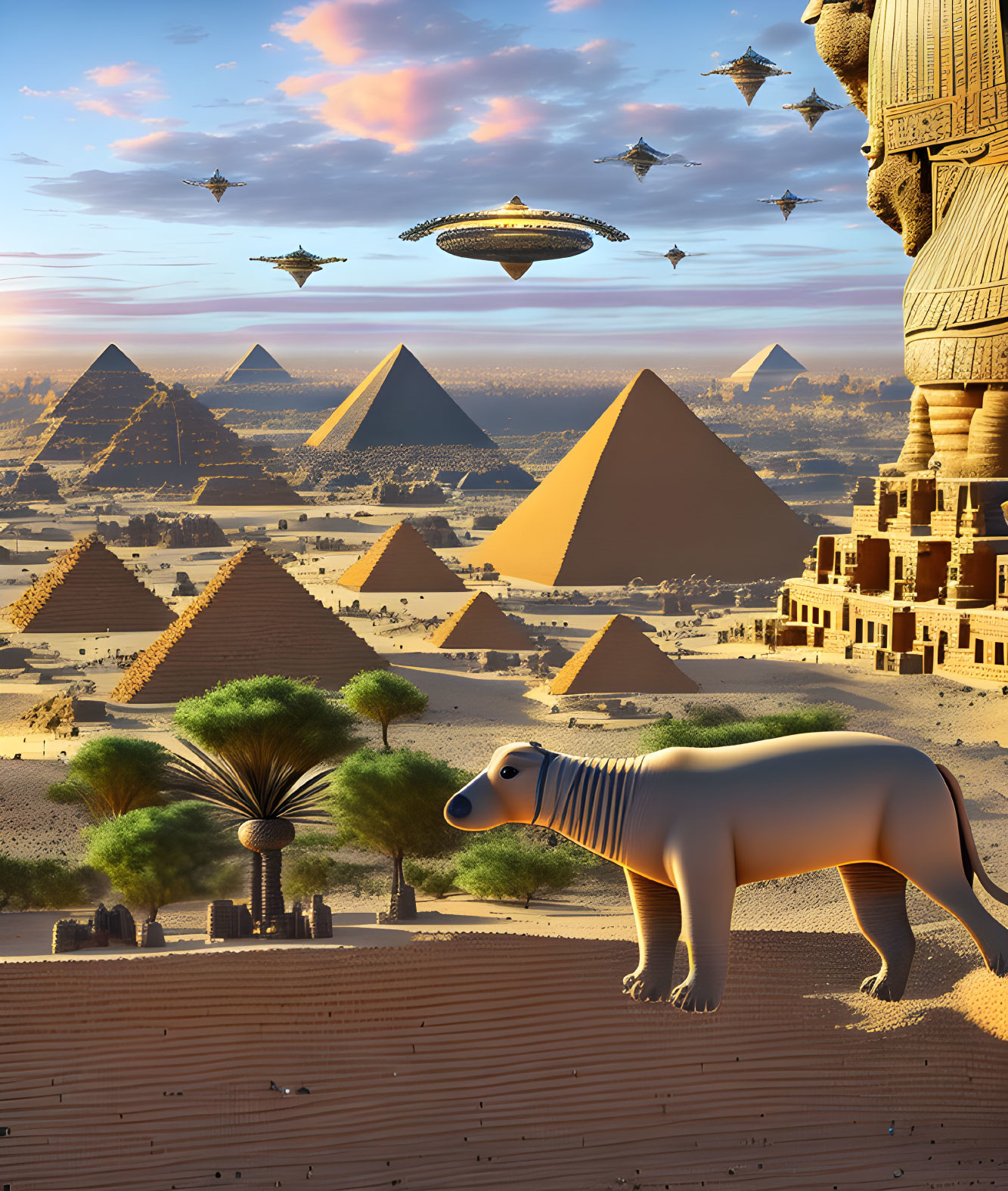 Surreal Egyptian pyramids, statue, flying saucers, whimsical aardvark