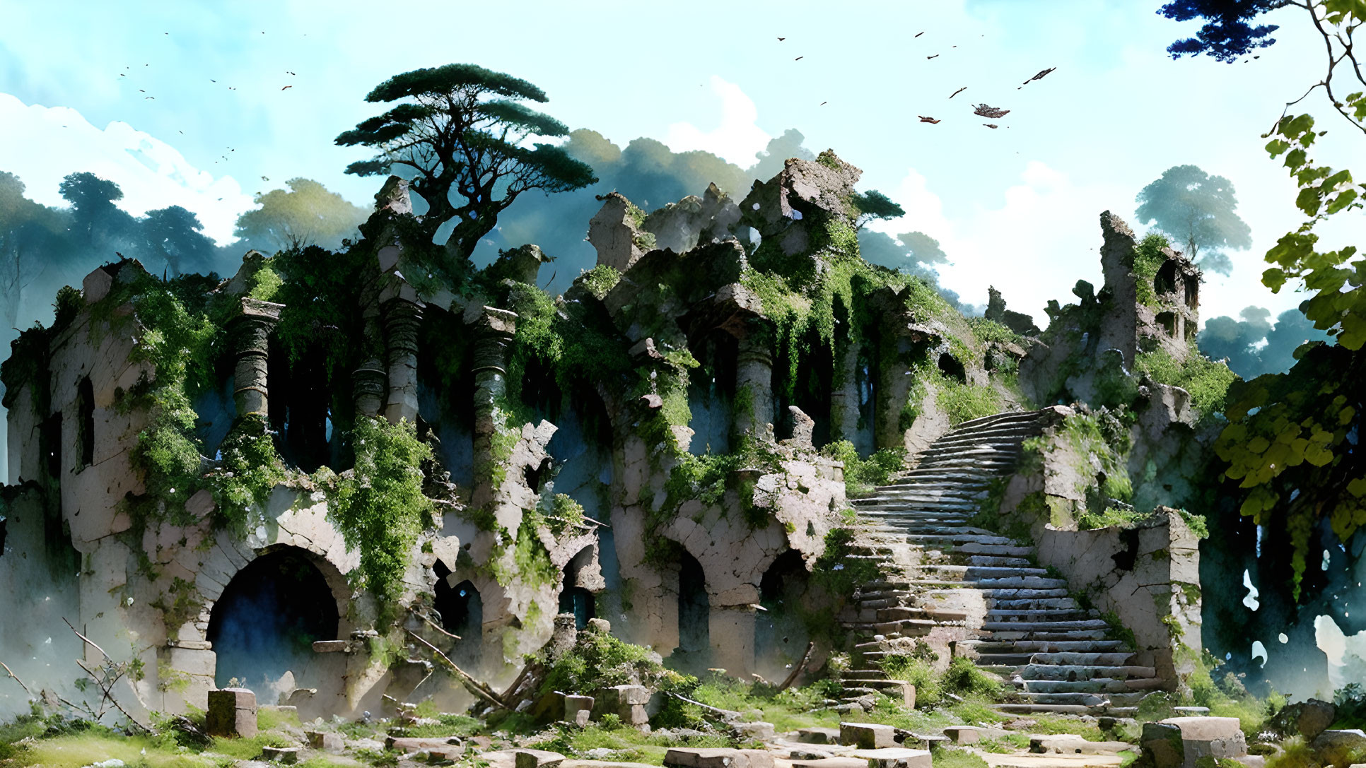 Ancient ruins surrounded by nature under clear sky