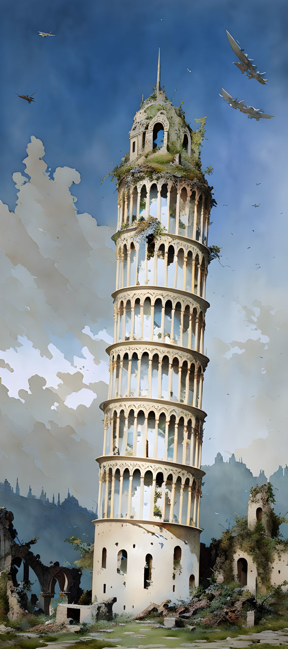 Illustration of Leaning Tower of Pisa in disrepair with overgrowth and birds under cloudy sky