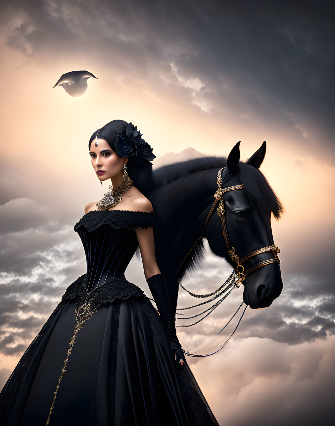 Woman in black dress with headdress beside black horse under dramatic sky