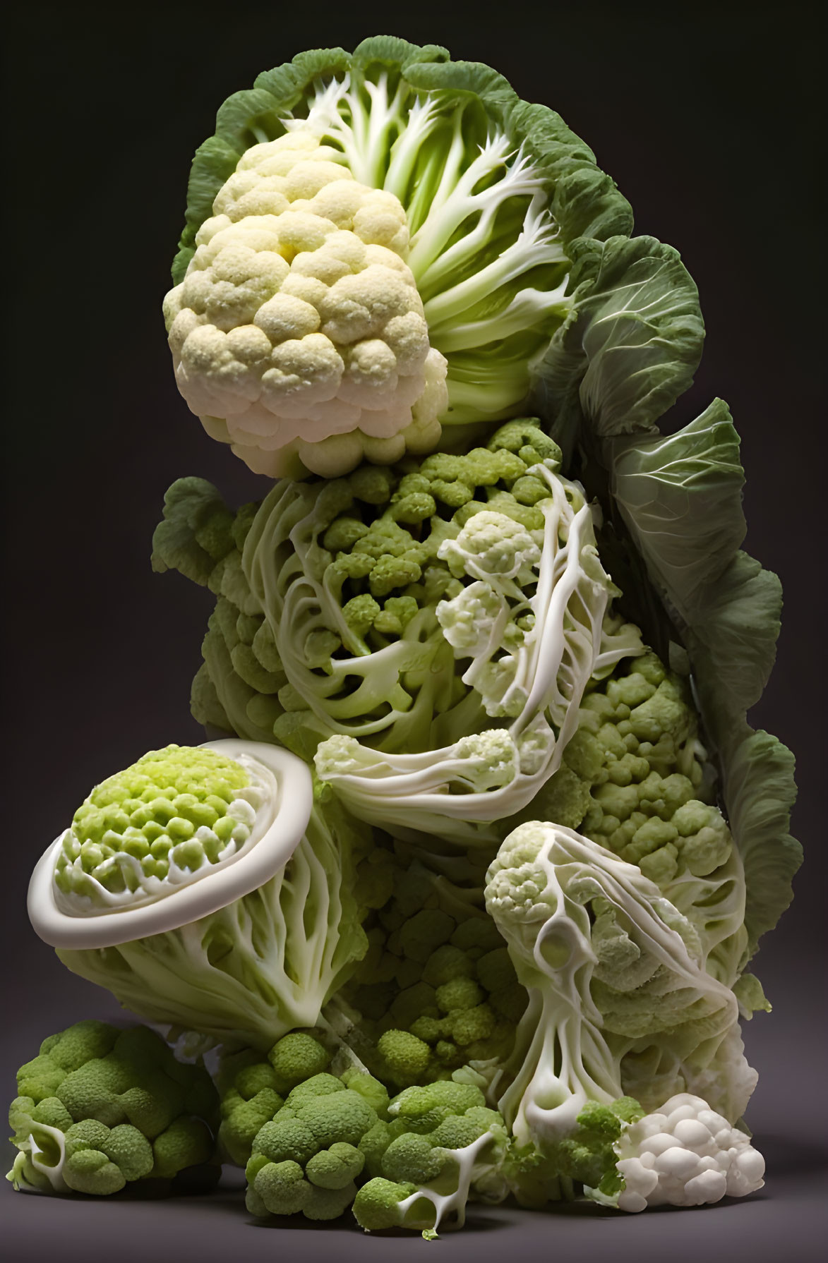 Green vegetable tree with cauliflower, romanesco broccoli, and cabbage leaves on grey background