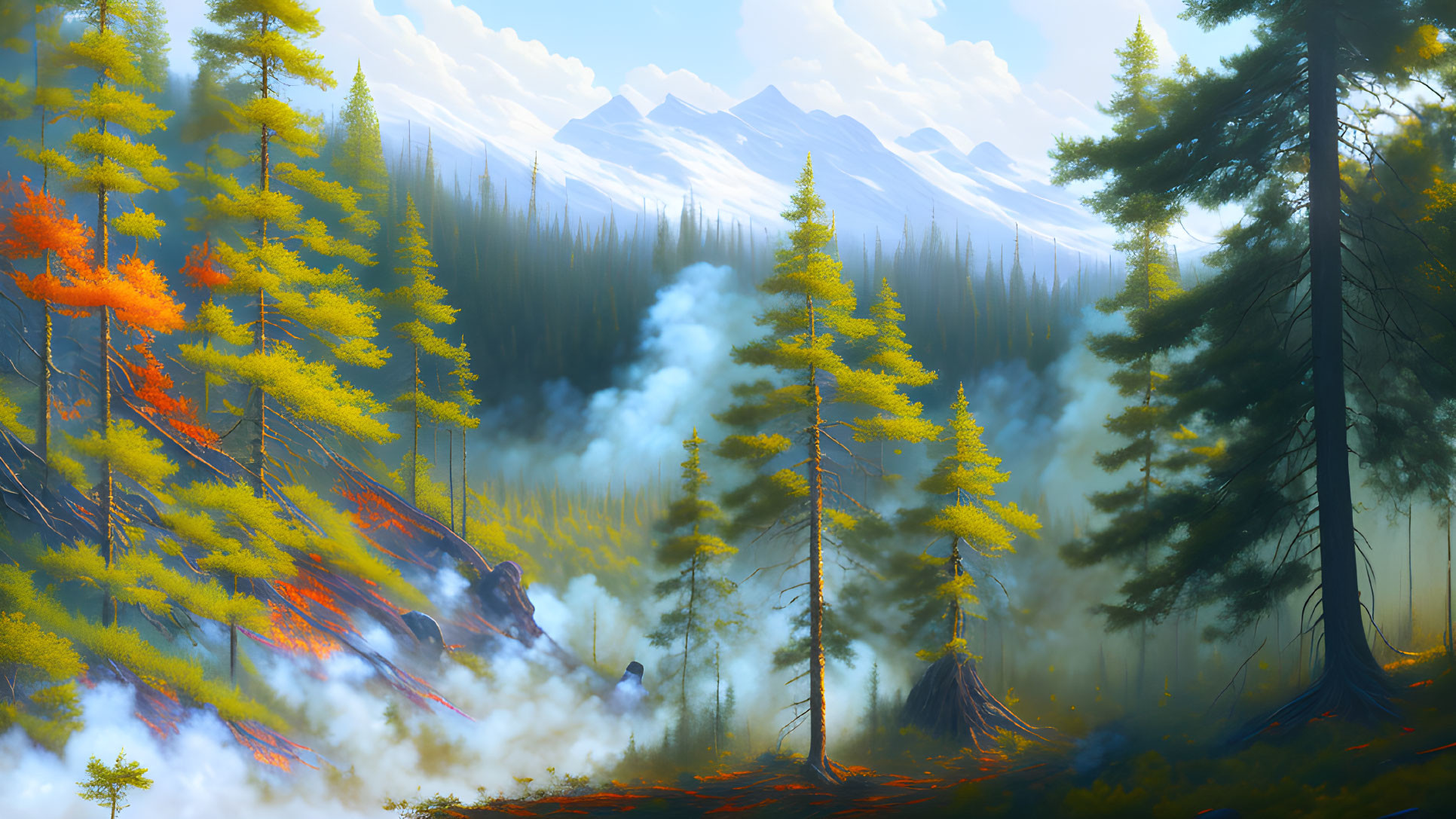 Colorful forest landscape with misty mountains and clear sky