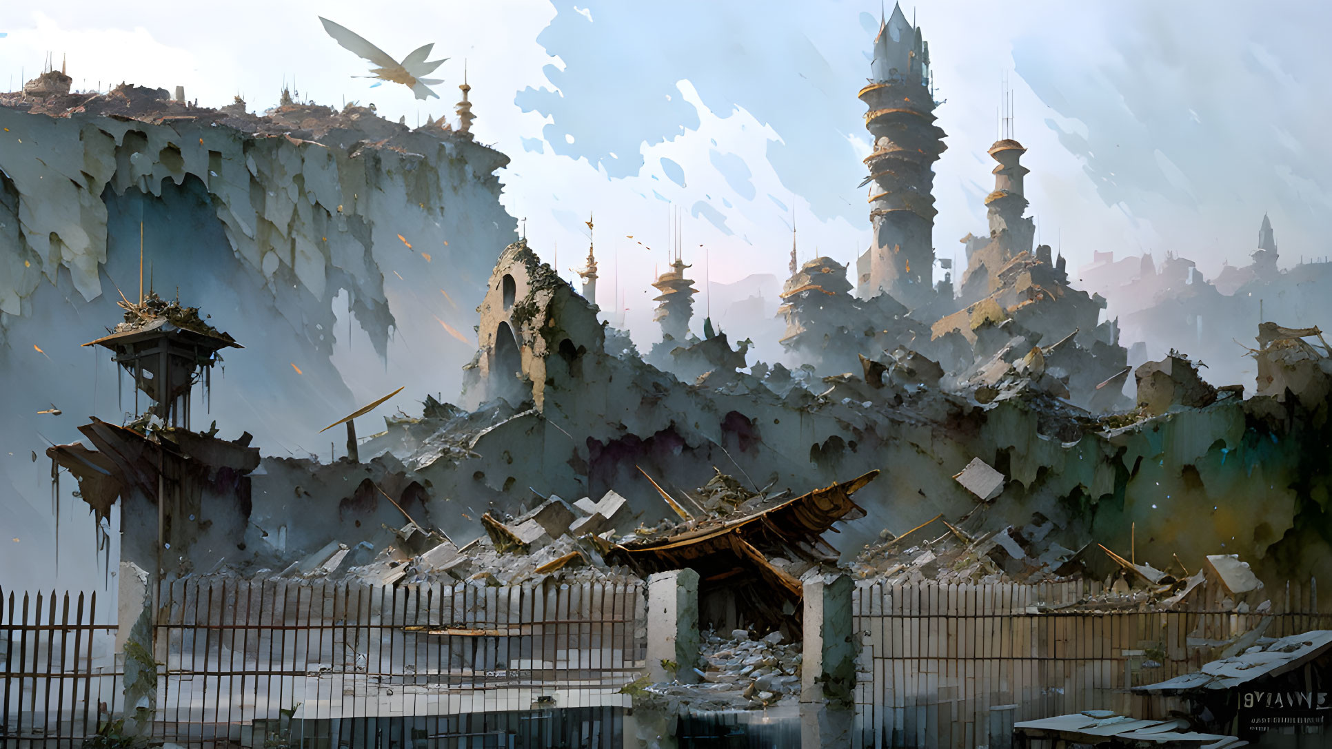 Dystopian landscape with crumbling buildings and towering structure