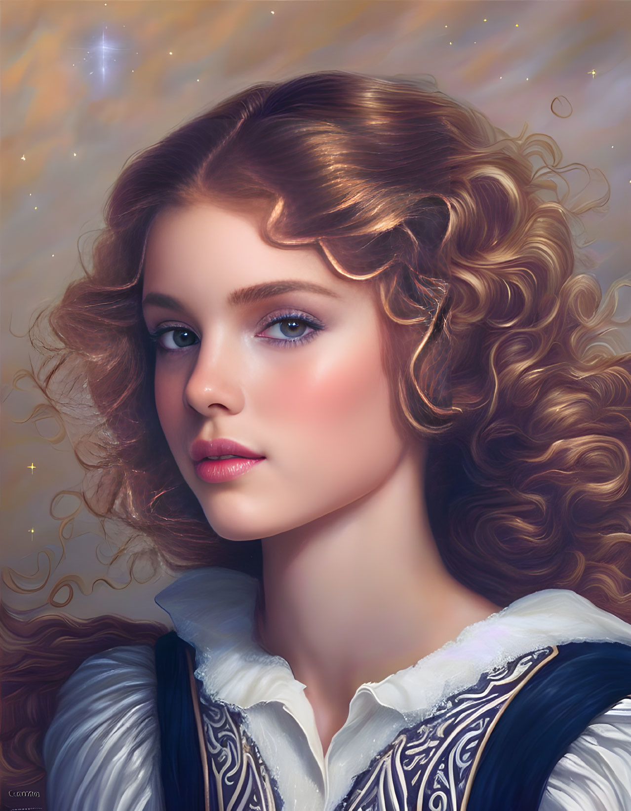 Portrait of woman with curly hair and blue eyes in white blouse on starry backdrop