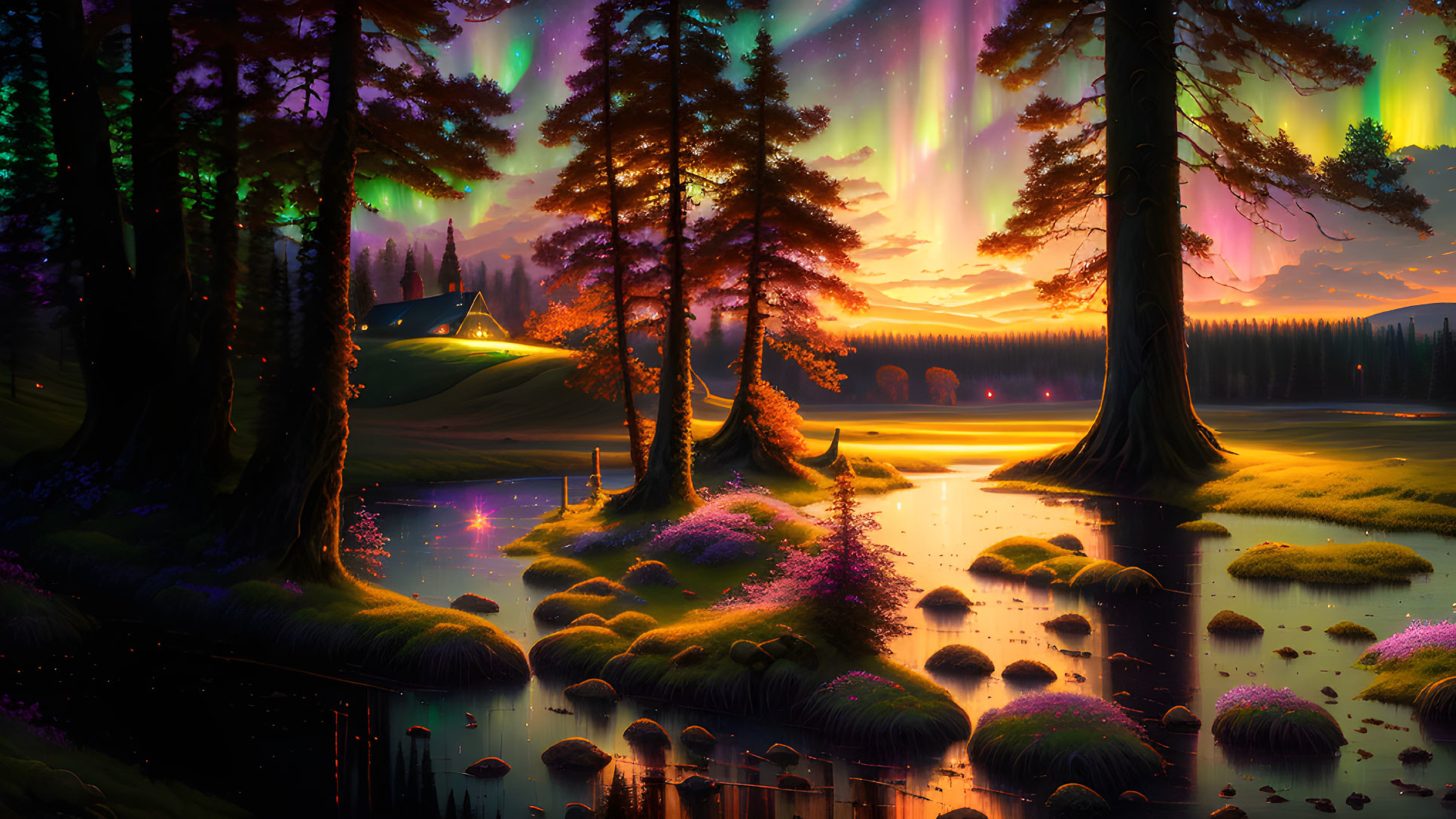 Vibrant aurora over serene forest and reflective lake