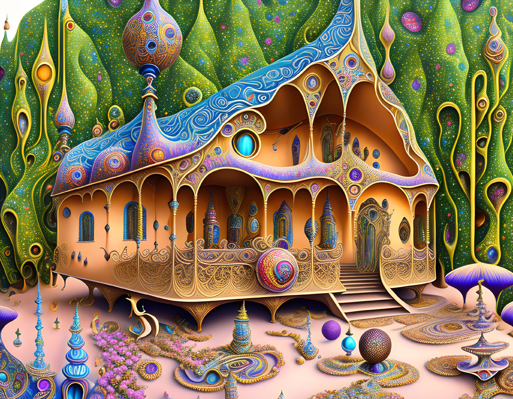 Fantasy landscape with ornate architecture and psychedelic vegetation.