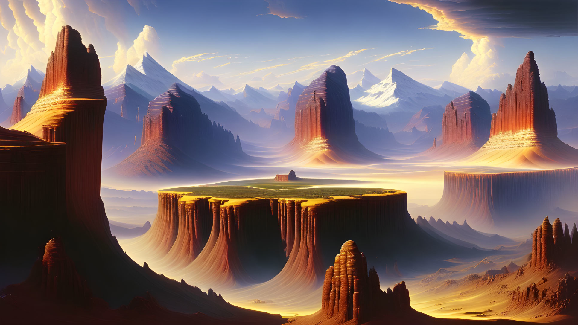 Surreal landscape with towering rock formations and sandfalls