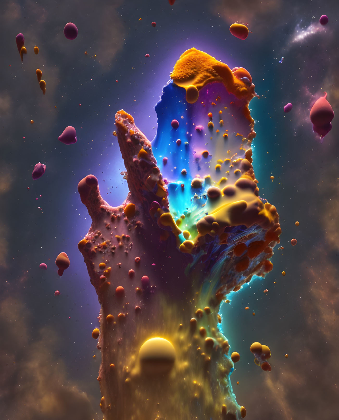 Colorful cosmic scene: Floating molten blobs in nebulous structure