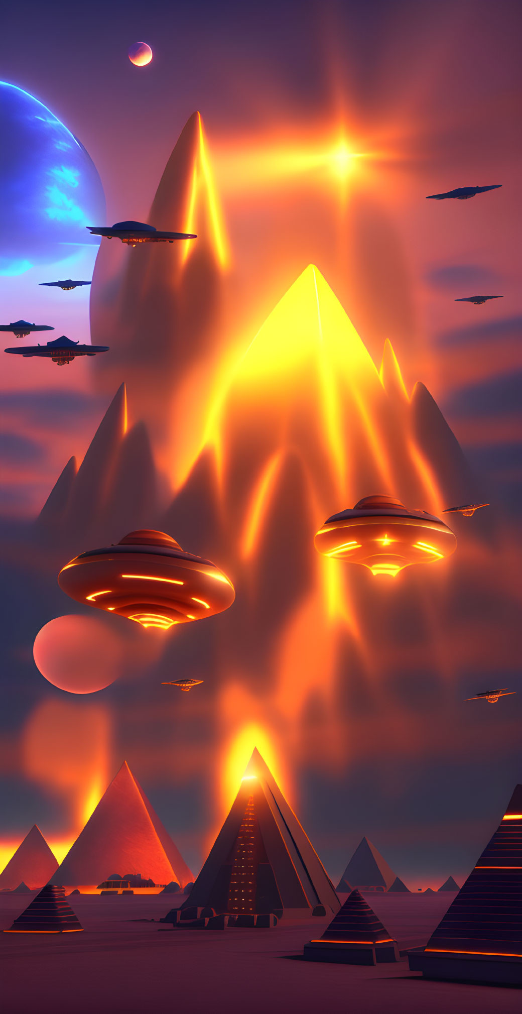 Sci-fi scene: UFOs over illuminated desert with pyramids & glowing mountain