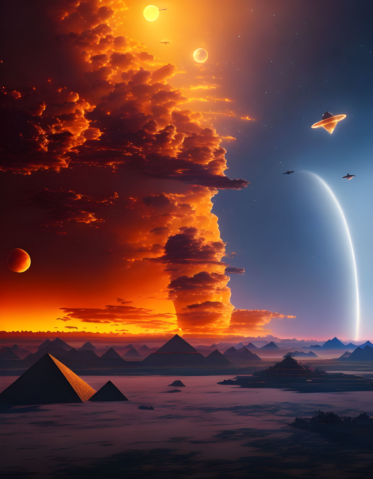 Sci-fi landscape with pyramids, fiery sky, planets, and spaceships