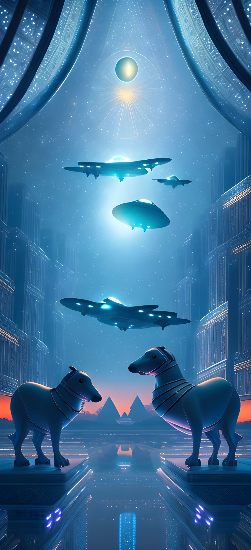 Stylized futuristic dogs in illuminated corridor with hovering ships