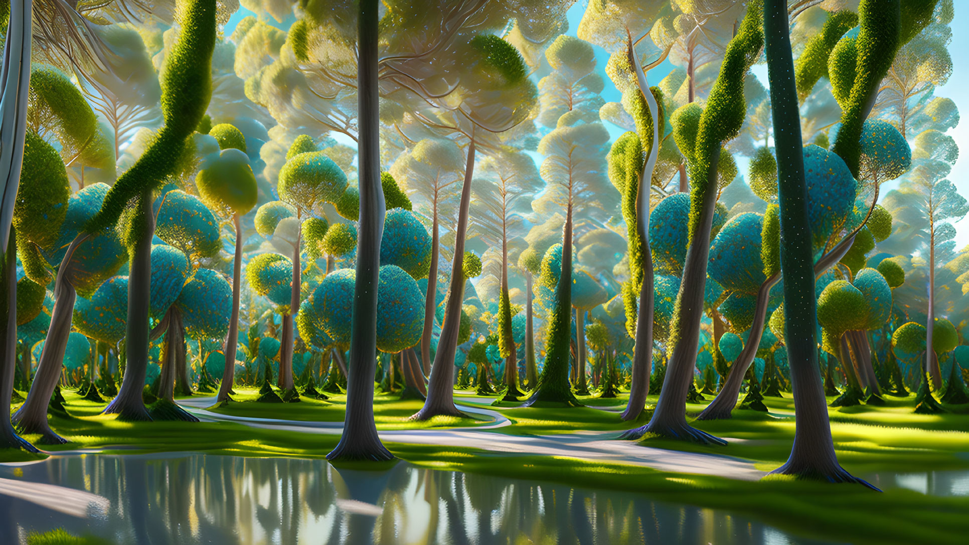 Fantastical forest with oversized blue foliage in serene water