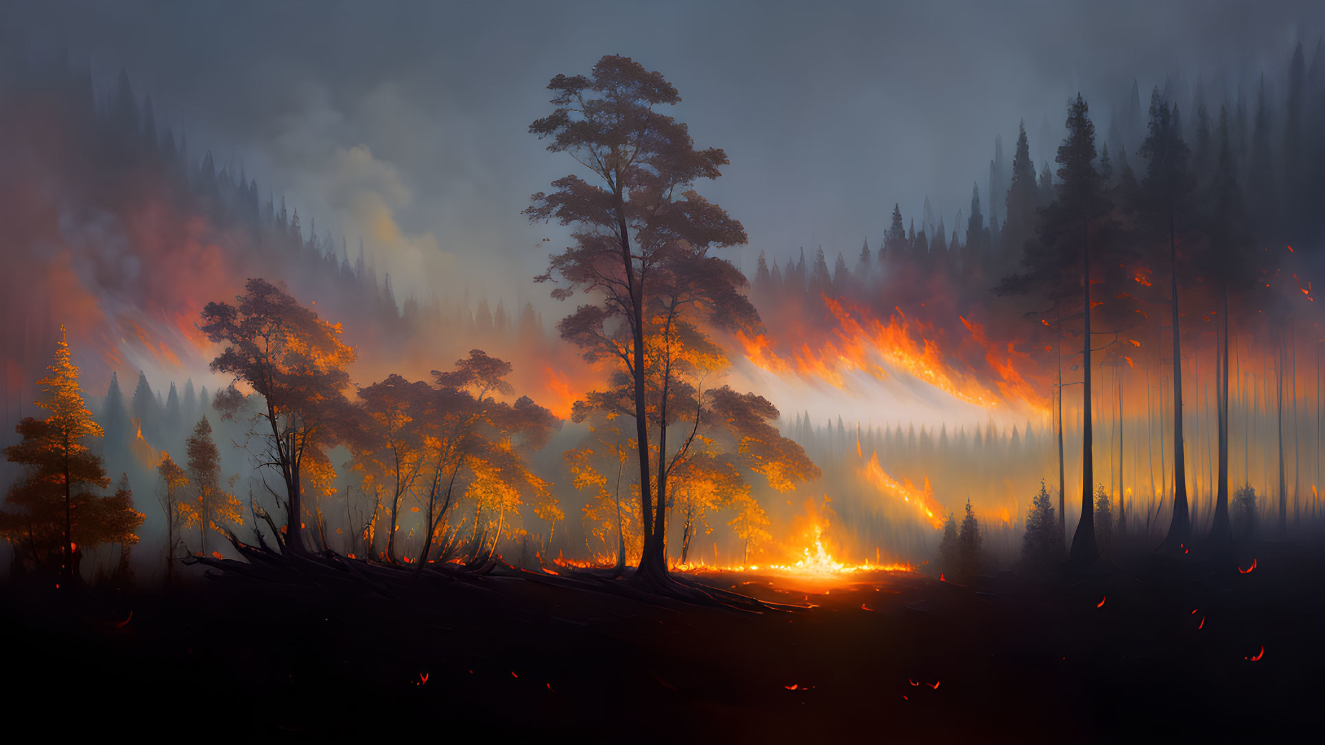 Forest engulfed by nocturnal wildfire, orange flames and smoke fill the dark sky