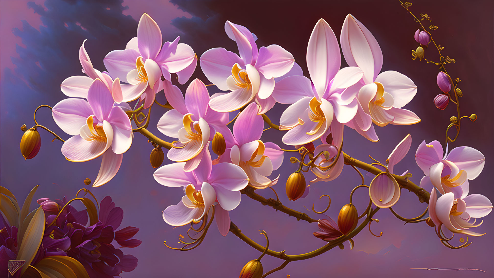 Various blooming stages of orchids on a branch against a purple sky