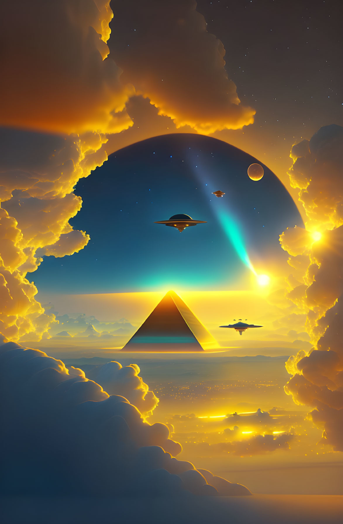 Surreal sunset with pyramid, UFOs, planet, and stars