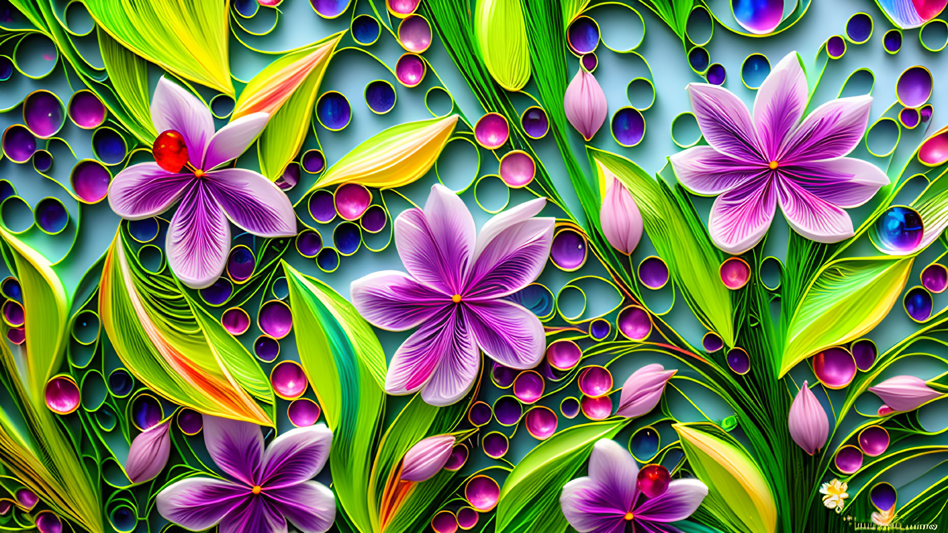 Colorful digital artwork: stylized purple flowers, green leaves, multicolored bubbles on blue.