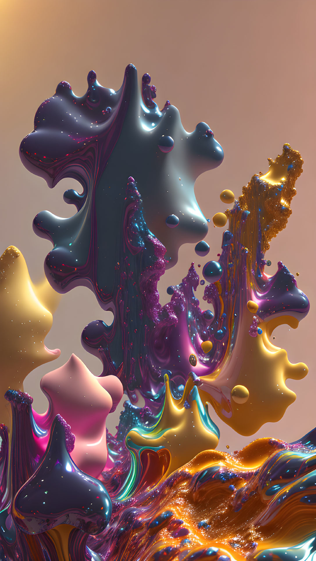 Vibrant liquid-like abstract shapes in zero gravity with amber, purple, and blue hues