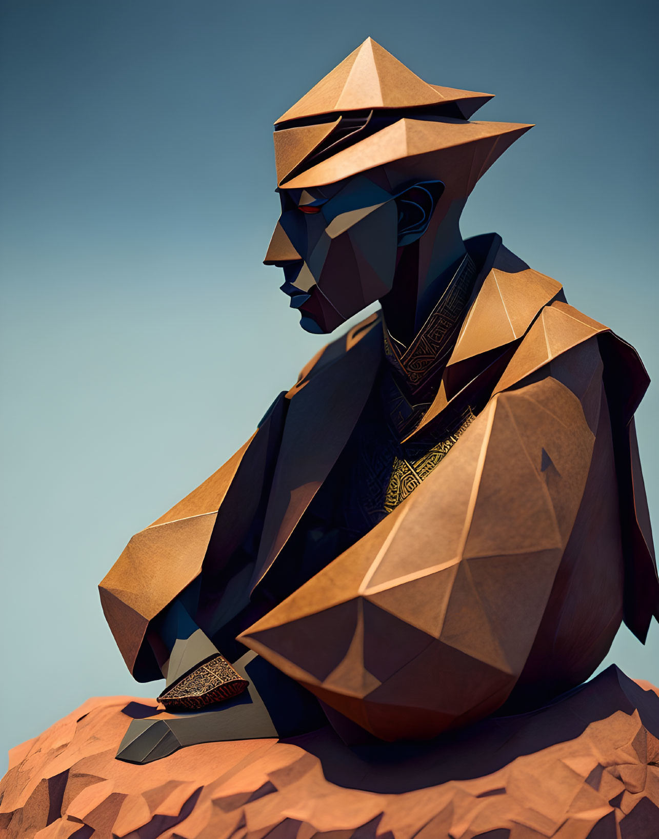 Geometric human figure sculpture in brown and gold on blue background