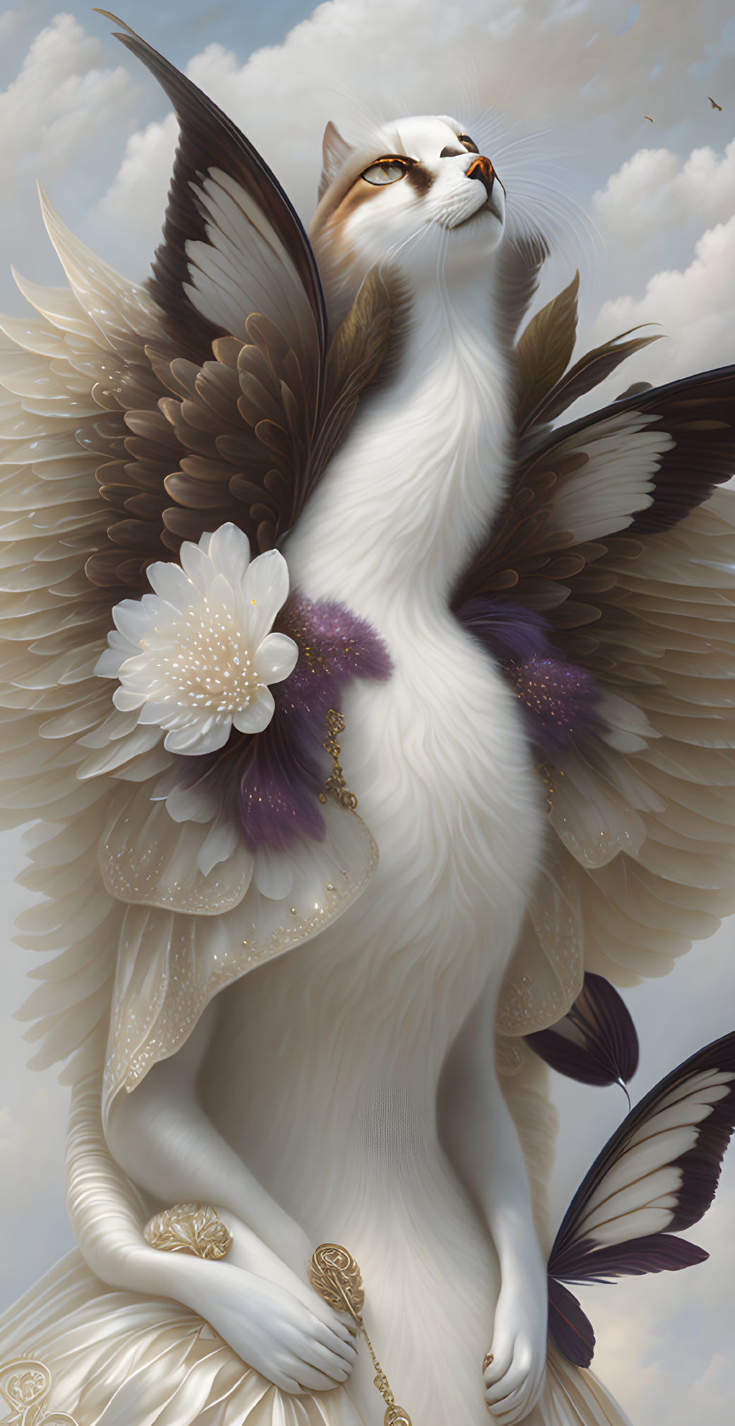 Majestic winged cat with white and brown fur and gold accents