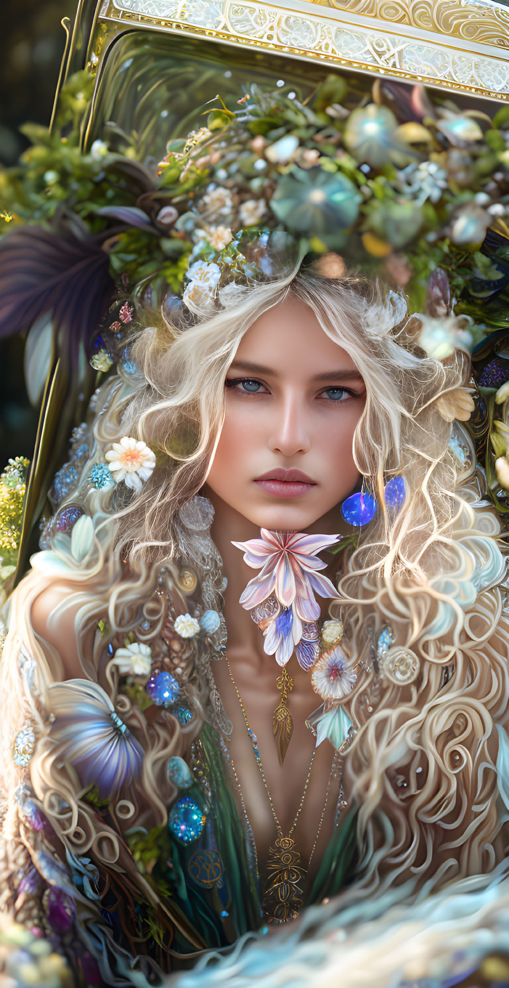 Blonde woman with floral crown in intricate floral setting