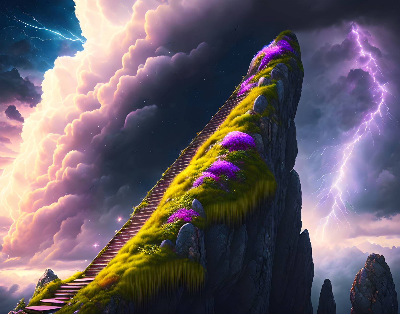 Dramatic landscape with moss-covered peak, lightning bolts, and wooden staircase.