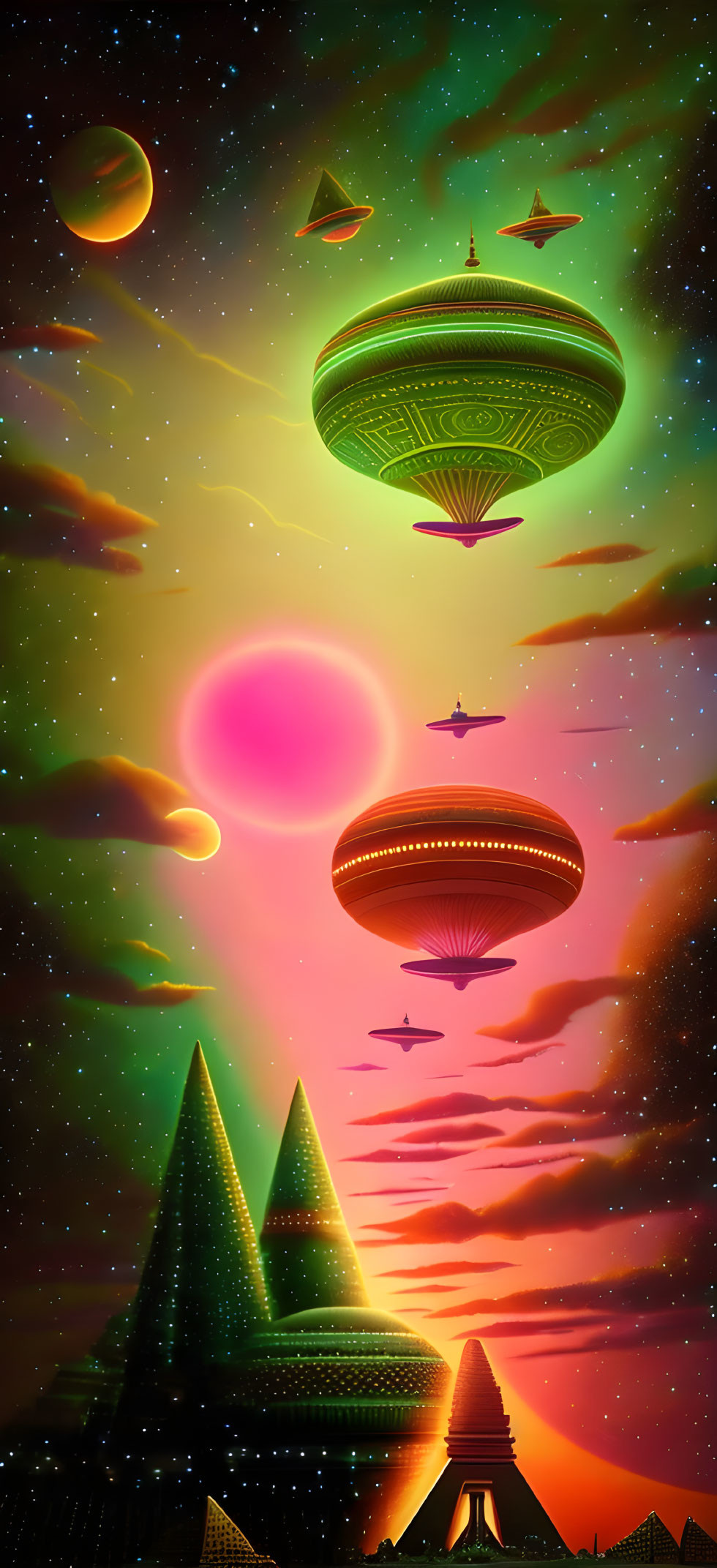 Futuristic sci-fi landscape with UFOs, pyramids, and celestial bodies