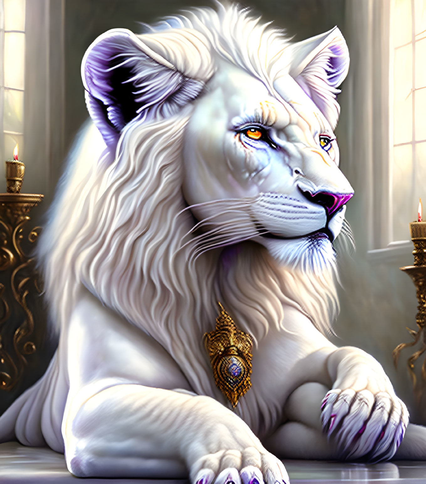 White lion with purple eyes and gold pendant in luxurious room