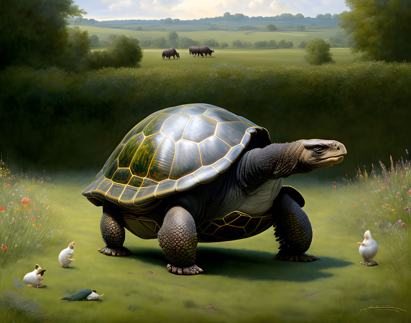 Realistic tortoise in sunlit meadow with ducks and grazing horses