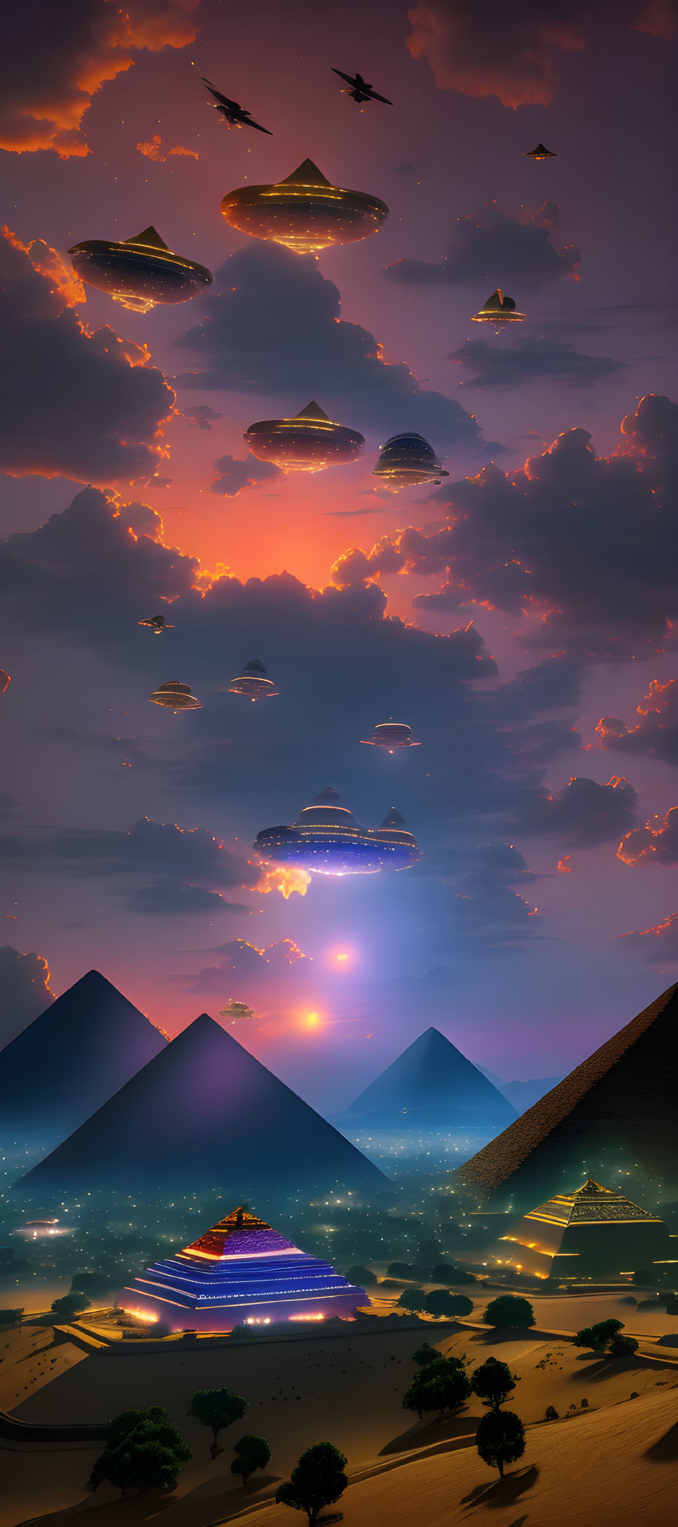 Desert pyramids at sunset with futuristic flying saucers.