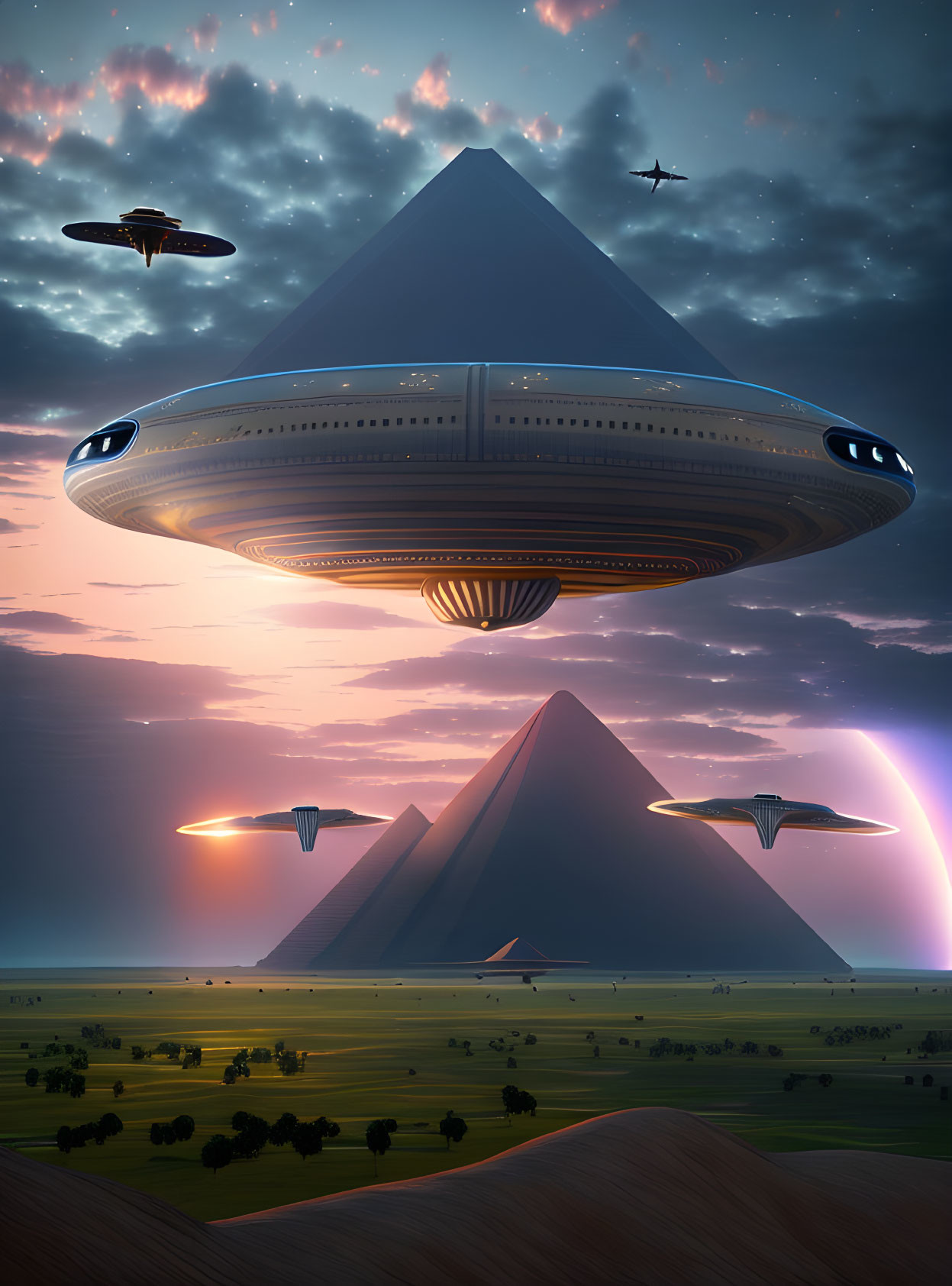 Futuristic UFOs hover over pyramids in twilight cityscape