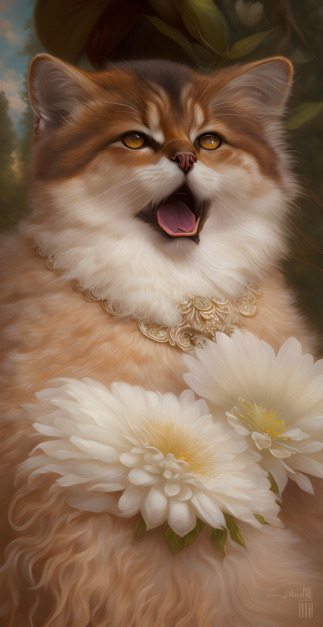 Fluffy Orange and White Cat Portrait with Gold Necklace Among Flowers