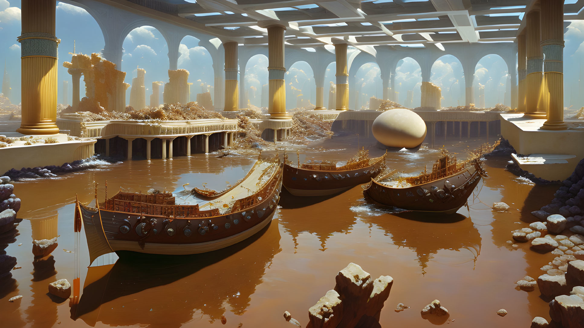 Ancient-style boats on misty river in grand hall with surreal egg-shaped object