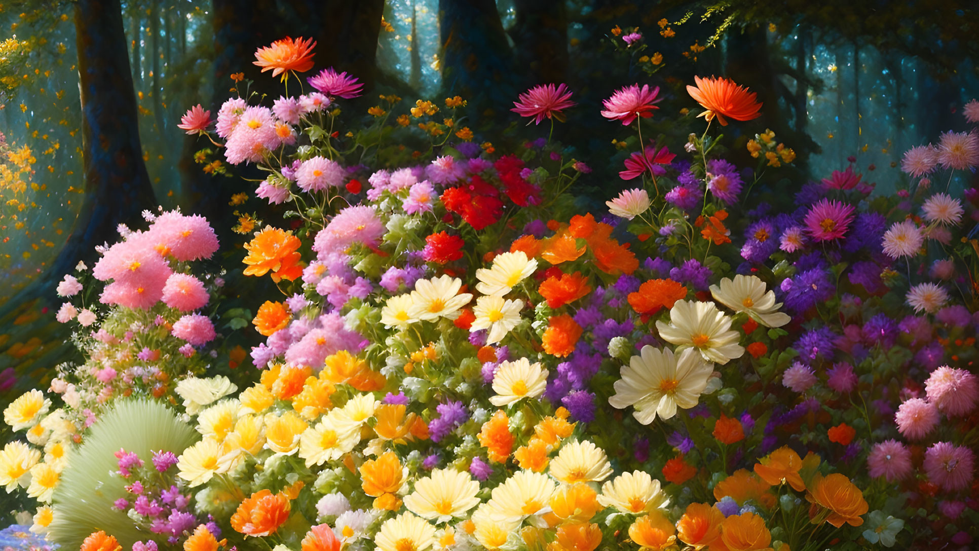 Colorful Flower Garden in Dappled Sunlight