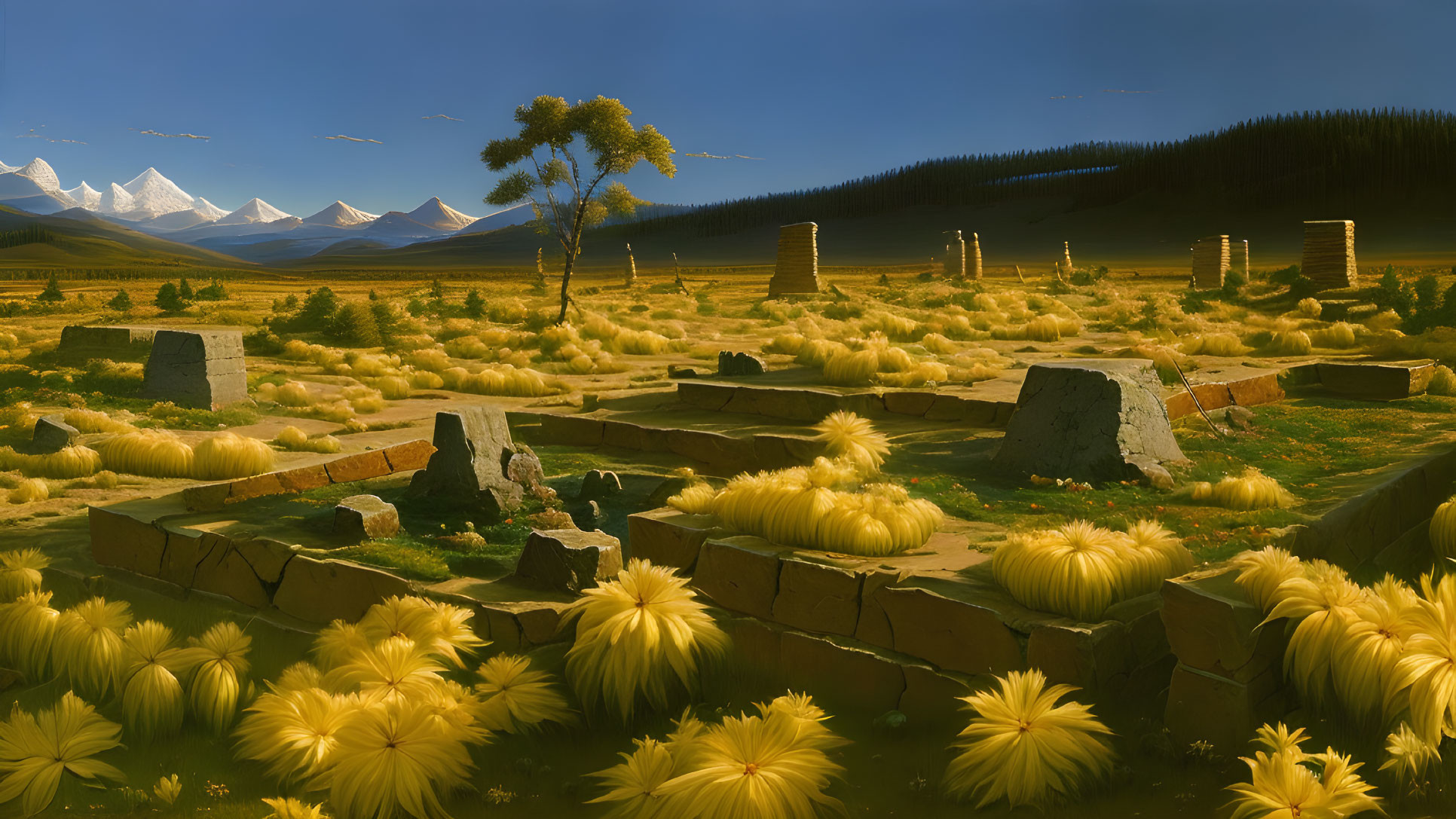 Tranquil landscape with yellow flowers, ancient ruins, tree, mountains