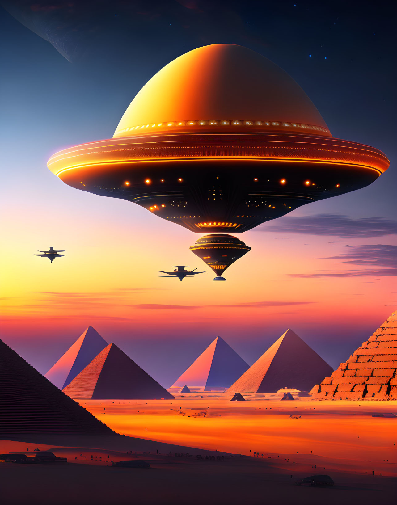 Majestic UFO over Egyptian pyramids at sunset