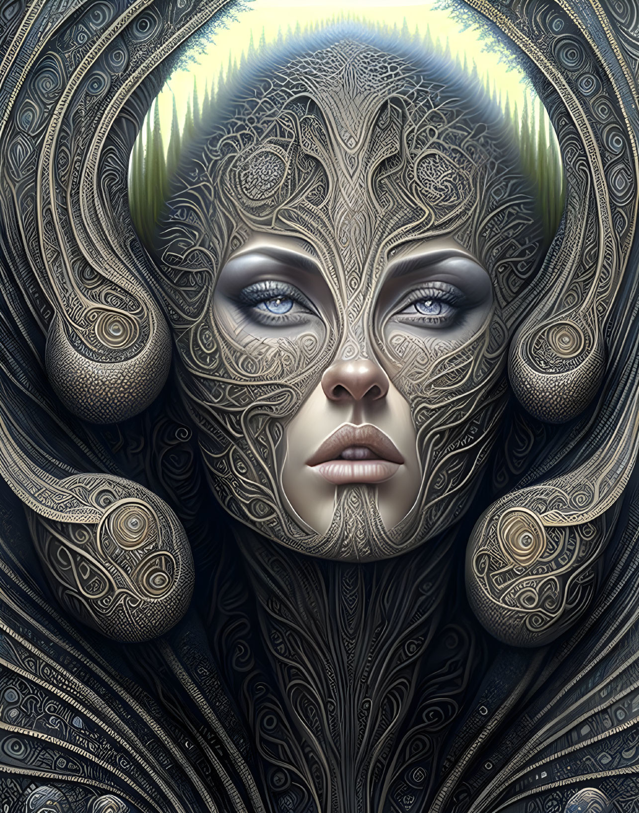 Mystical female digital art portrait with ornate swirling patterns