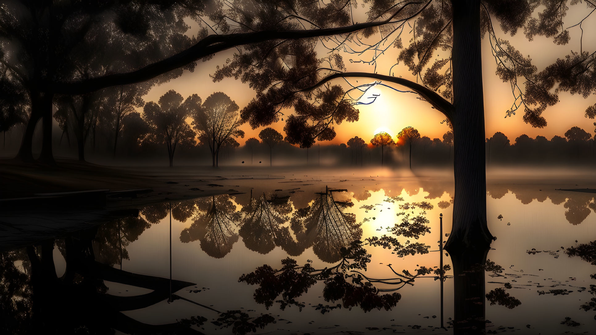 Tranquil sunrise scene: lake, trees, wooden pier, misty landscape