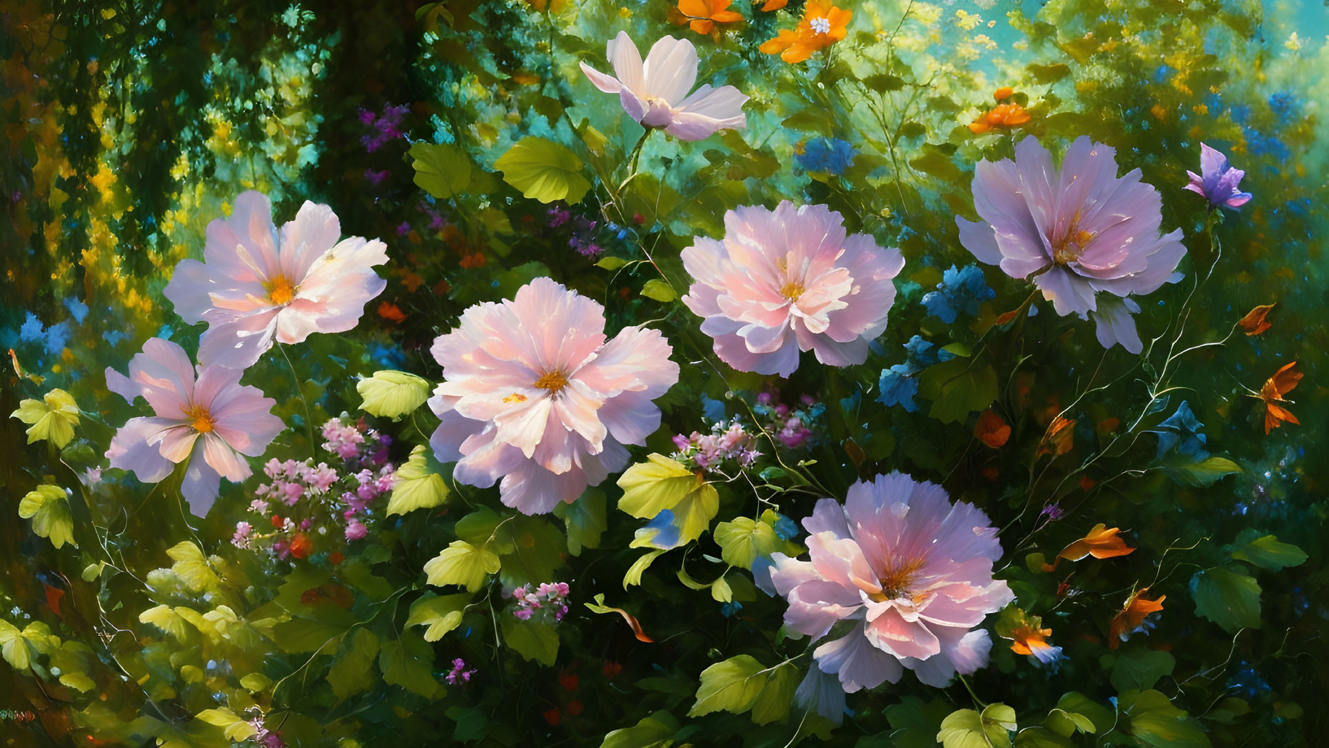 Colorful garden painting with pink blossoms and dappled sunlight.